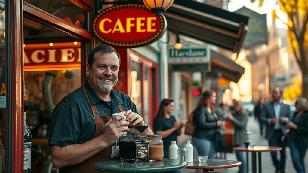 Barista serving espresso at Italian café in North Beach, lively outdoor tables, strolling pedestrians, musicians nearby.