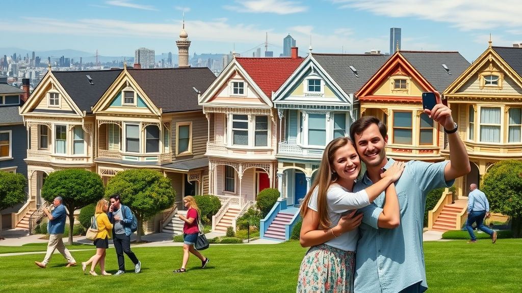 Visitors taking photos with the Painted Ladies, colorful Victorian homes at Alamo Square, city skyline in background.