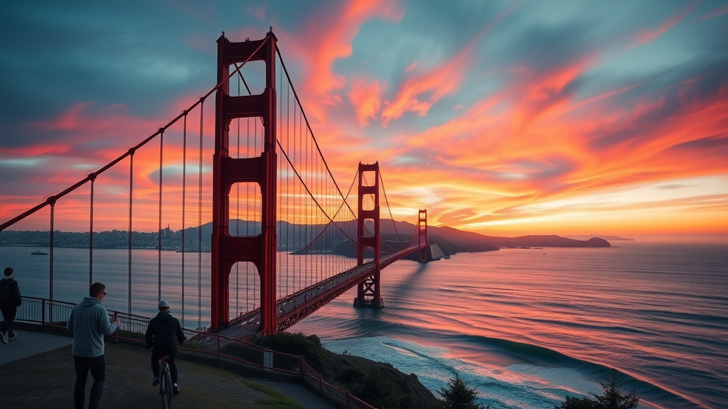 Majestic Golden Gate Bridge at sunset, tourists enjoying views - san francisco travel guide iconic site
