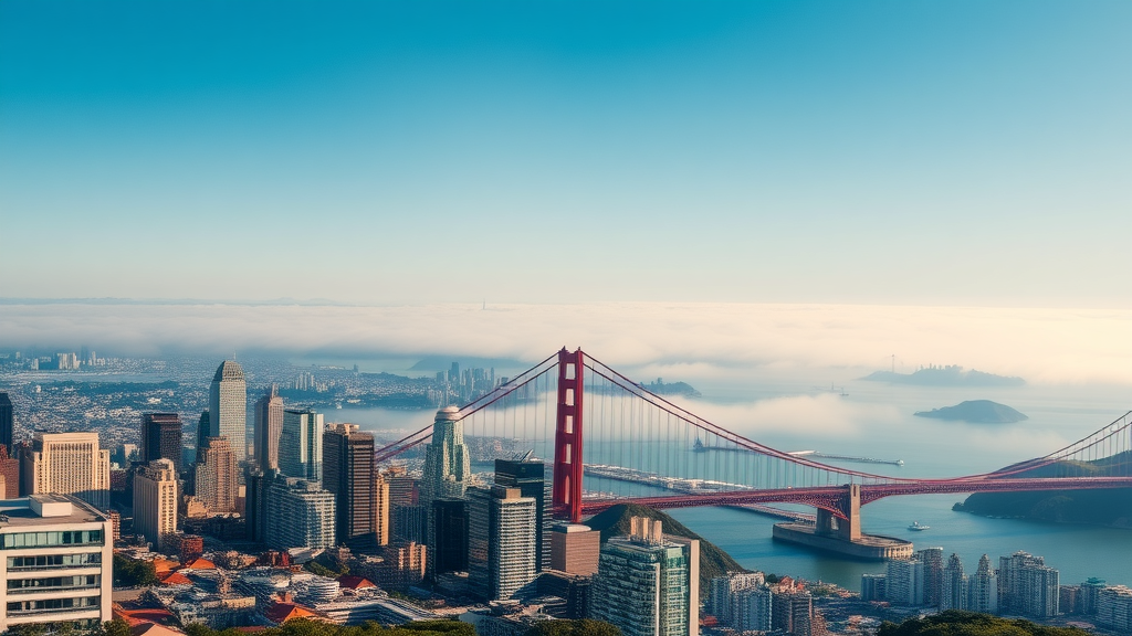 Stunning aerial view of San Francisco skyline with Golden Gate Bridge and Alcatraz Island