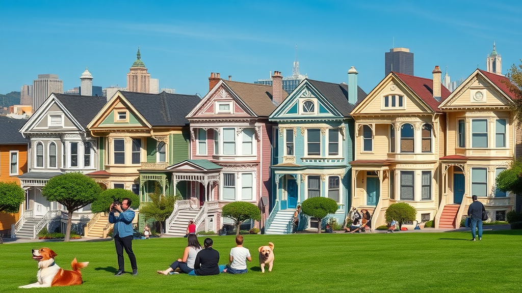 Classic painted Victorian houses of Alamo Square with people on green lawns, downtown skyline in background