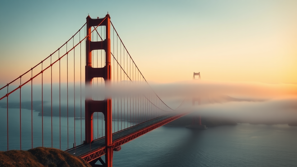 Breathtaking sunrise at Golden Gate Bridge, iconic san francisco landmark, gently drifting fog, san francisco bay view