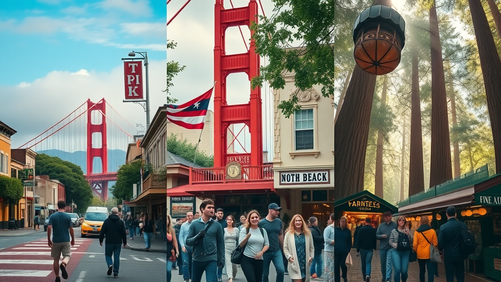Dynamic triptych: Golden Gate Bridge, lively North Beach street, Muir Woods redwoods with tourists, seamless blend of urban, cultural, and natural adventures.