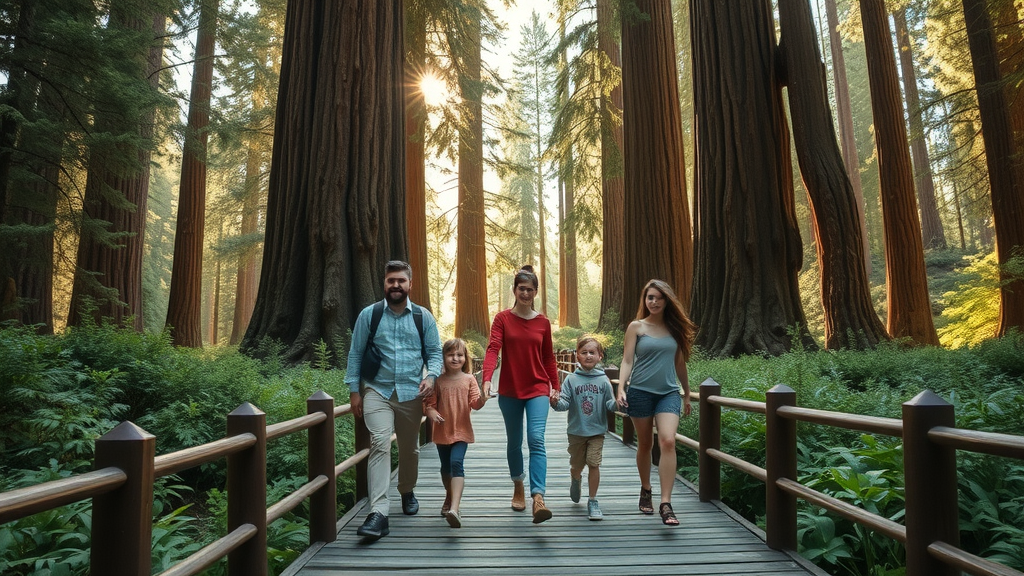 family friendly activities san francisco: family walking boardwalk surrounded by redwoods in Muir Woods