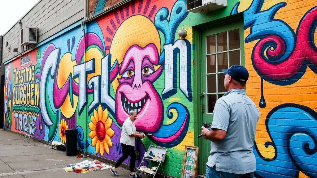 Clarion Alley vibrant street art mural with artist at work in San Francisco's Mission